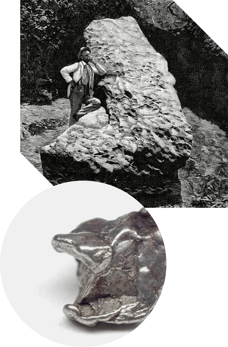 La météorite de Saint-Aubin provient de la collection de M. Labenne, chasseur de météorites. Etant de type ferreux, à sa découpe, des copeaux de météorite ont été agglutinés par la suite autour d’un petit aimant.